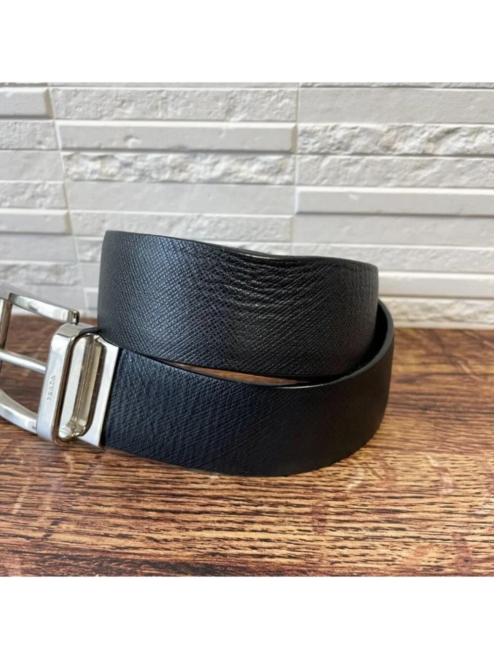 Prada Saffiano Leather Silver Buckle Belt Black